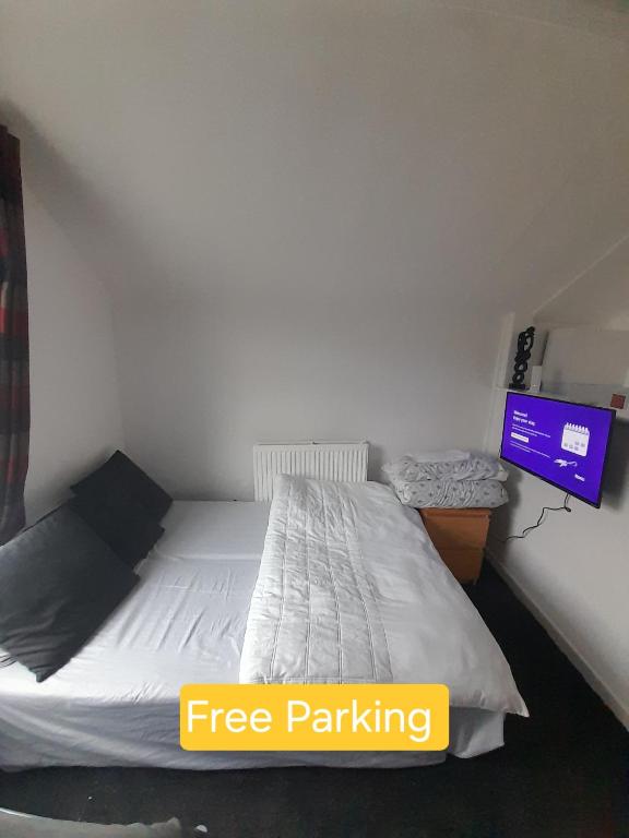a bedroom with a bed and a tv in a room at Canton Principality Stadium Studio Flat in Cardiff