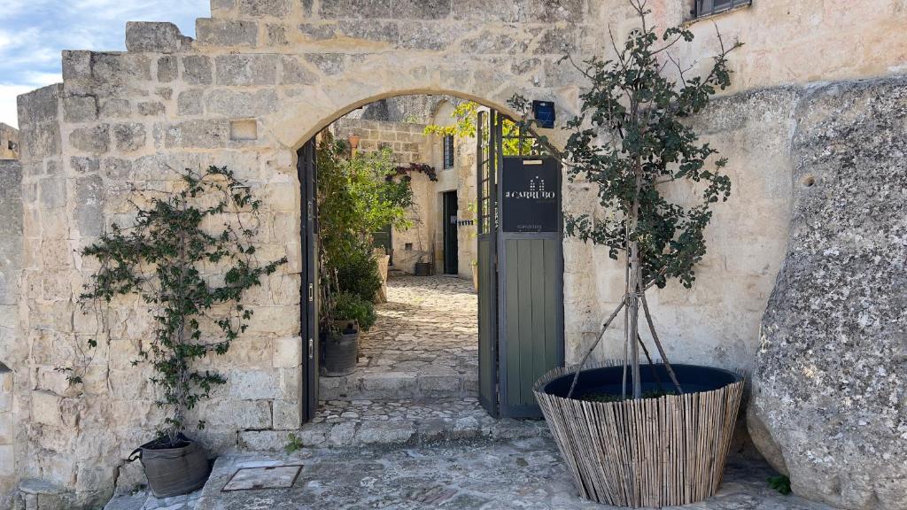 een ingang naar een stenen gebouw met een groene deur bij Il Carrubo residenza Walk&Stay in Matera