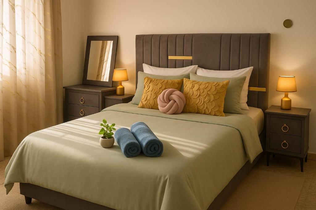 een slaapkamer met een bed met twee blauwe handdoeken en twee lampen bij Relaxing and Serene Guest Room in Cancino