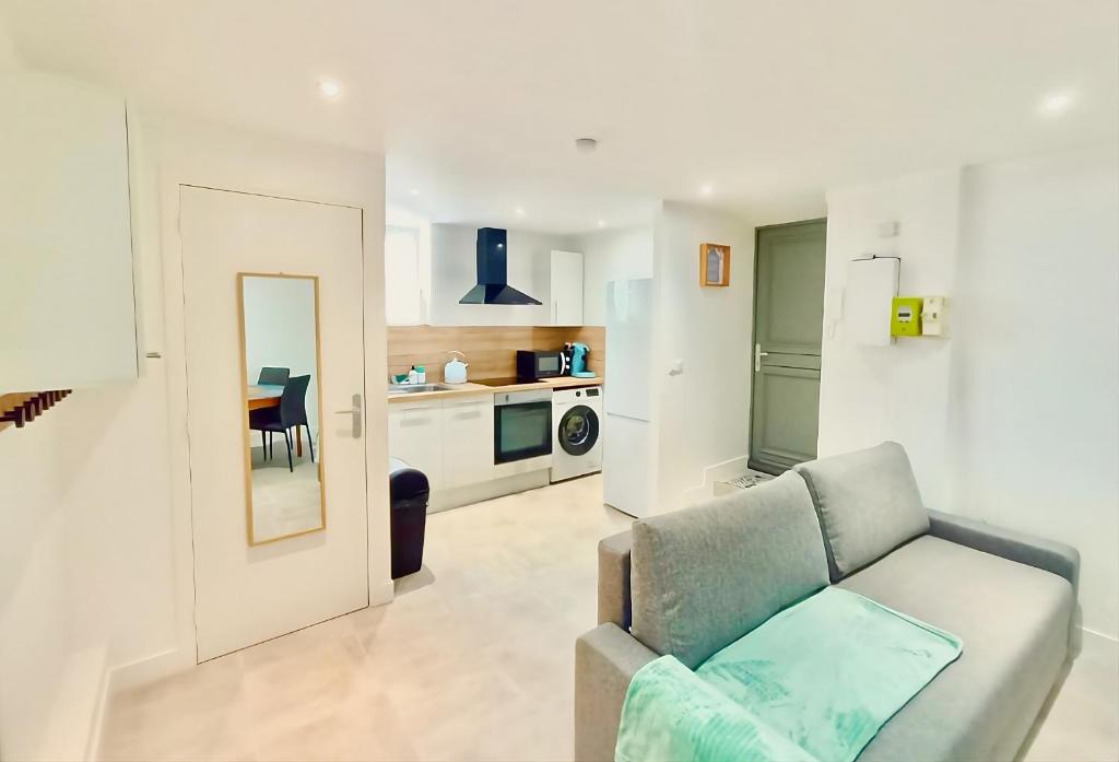 a living room with a couch and a kitchen at Résidence du Temple in Meaux