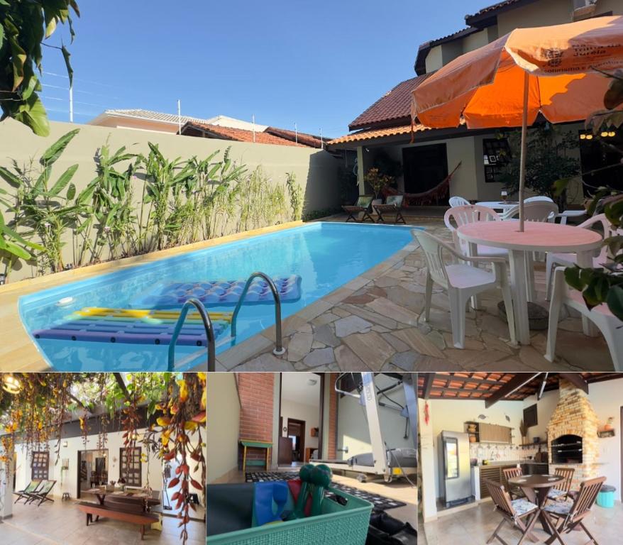 a collage of photos of a house and a swimming pool at Aconchego e diversão em Peruíbe sobrado com estrutura completa para sua família ar condicionado, churrasqueira ,academia, cervejeira, piscina in Peruíbe