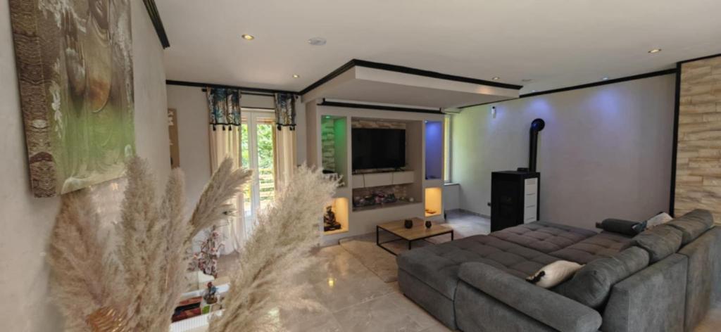 a living room with a couch and a television at Maison cosy 2 chambres proche Troyes in Villacerf