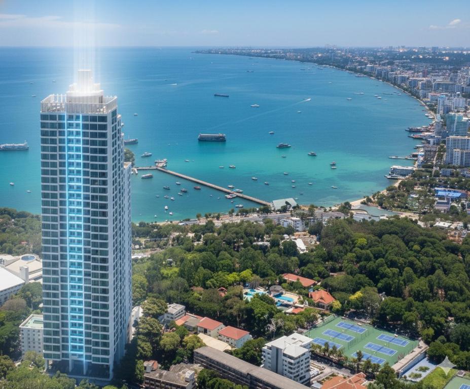 ein hohes Gebäude neben einem großen Wasserkörper in der Unterkunft Sky residences - Plage de Pattaya Pratamnak Moderne in Pattaya South