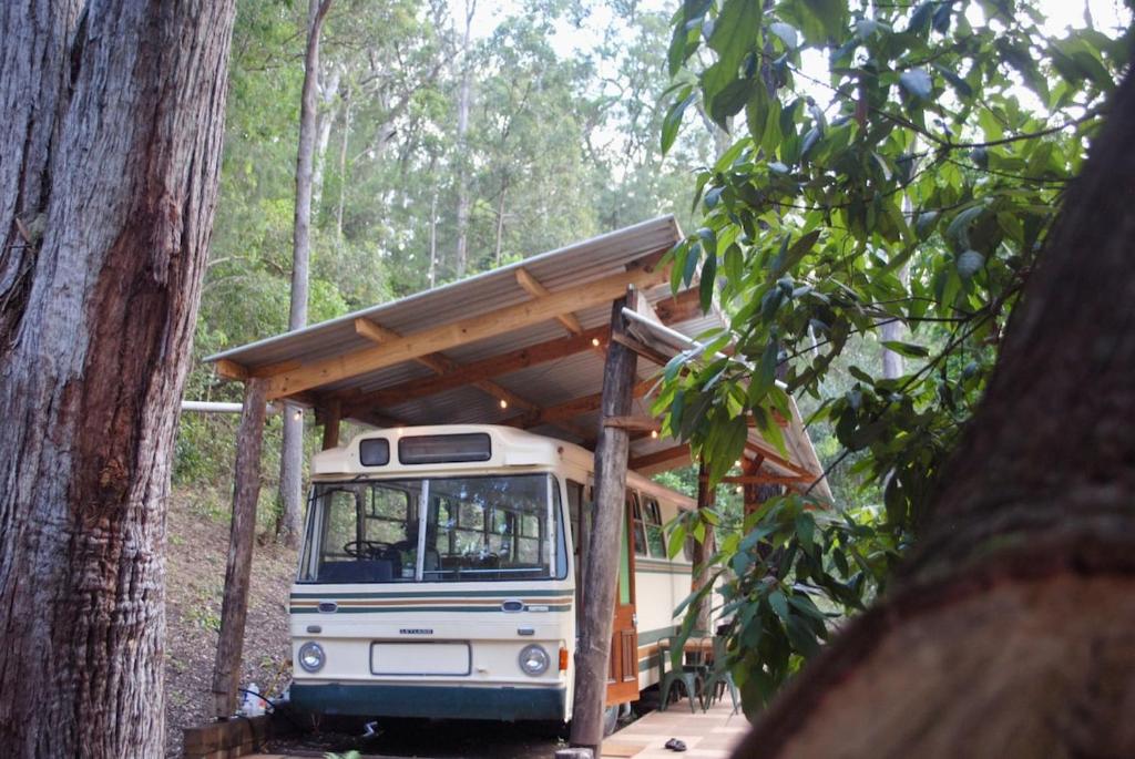 a bus with a shed in the woods at Coffee Grounds - The Coach in Coffee Camp