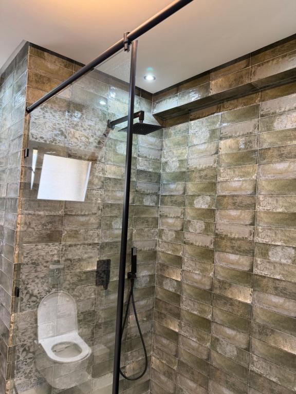 a bathroom with a shower with a toilet at Vue Mer Exeptionnelle à Essaouira in Essaouira