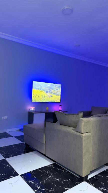 a living room with a couch and a tv at Cozy 2-bedrooms in Lakeside Estate Accra in Apenkwa