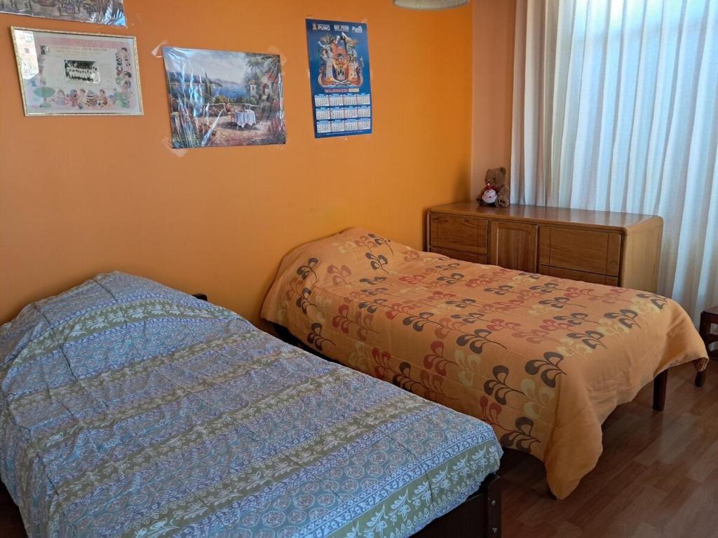 ein Schlafzimmer mit 2 Betten und einer Kommode darin in der Unterkunft san andres, titikaka in Puno