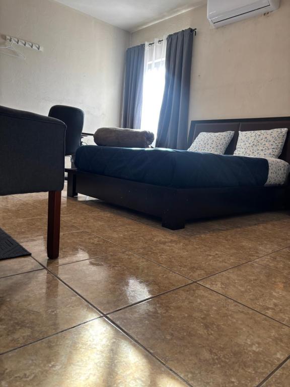 a blue couch sitting in a living room at Habitación Roble, cómoda y espaciosa in Saltillo