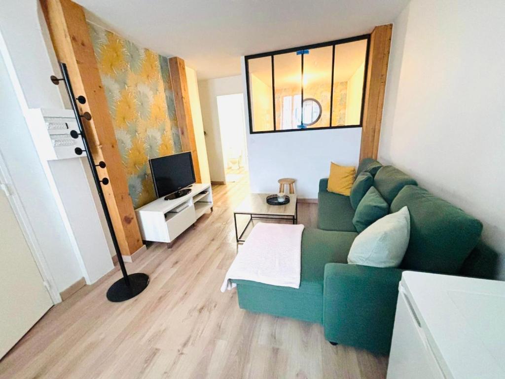 a living room with a green couch and a television at Élégant et central in Perpignan