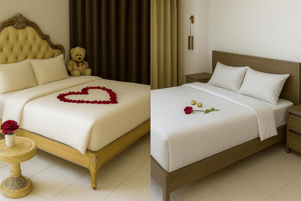 two pictures of a bedroom with a bed with a heart on it at غرف فندقيه - بدع زايد in Bū Rays