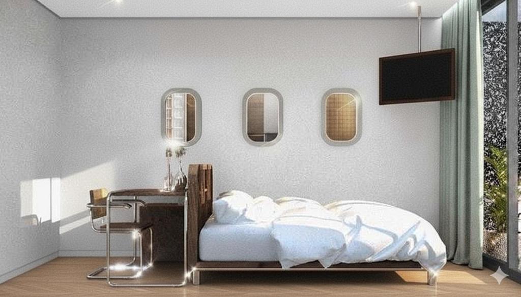 a bedroom with a bed and a desk and some mirrors at Warm Pillow Hotel Bangkok in Pom Prap