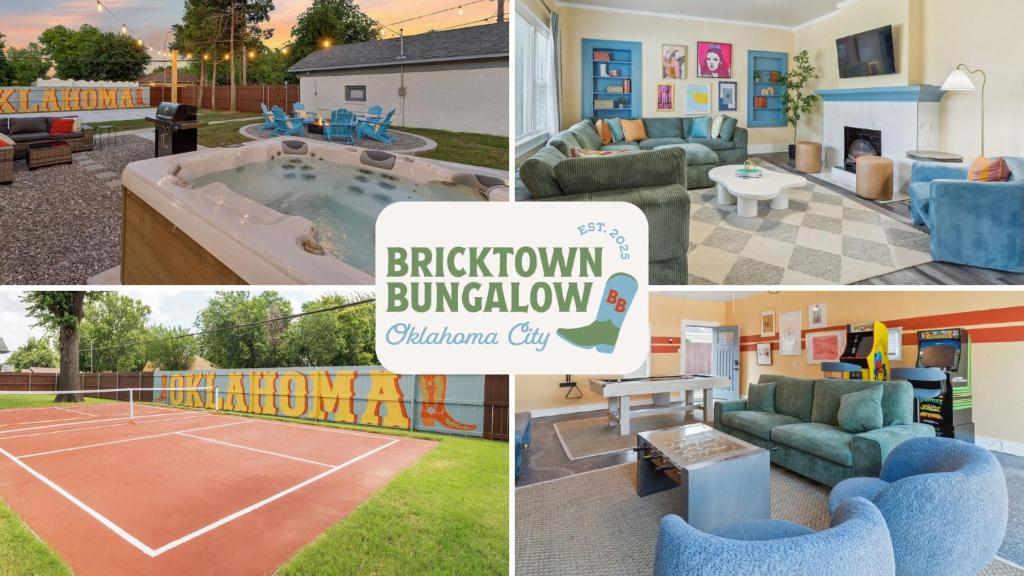 a collage of pictures of a backyard with a tennis court at 5 Beds Downtown OKC - Pickleball, Hot Tub, Firepit, GameRoom in Oklahoma City