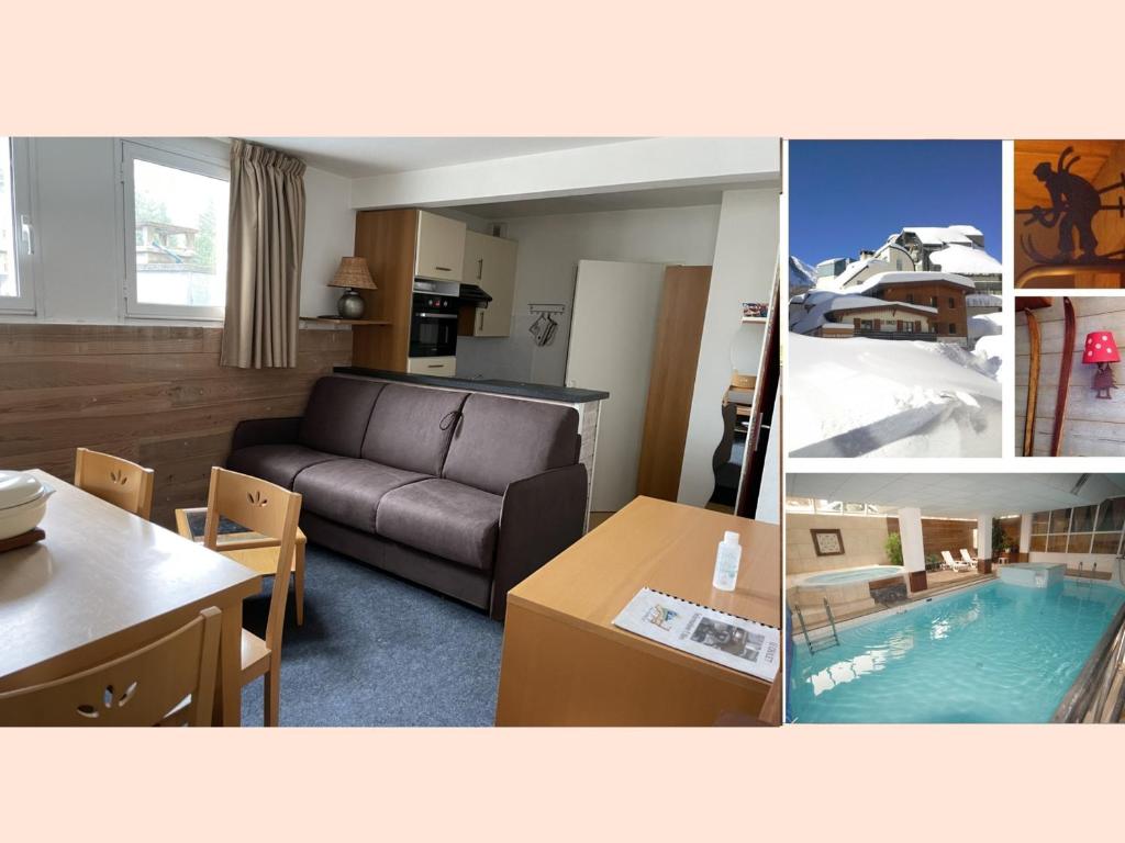 ein Wohnzimmer und eine Küche mit einem Sofa und einem Tisch in der Unterkunft Gourette : Studio Duplex 7 pers, Piscine & WIFI - FR-1-859-9 in Gourette