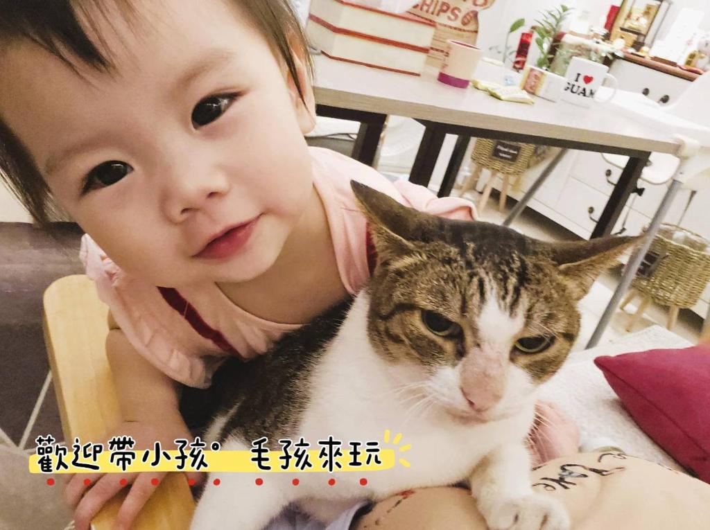 a little girl sitting next to a cat at 咩咩不是羊民宿Mieh's Inn 花蓮市區 電梯 寵物友善民宿 in Hualien City