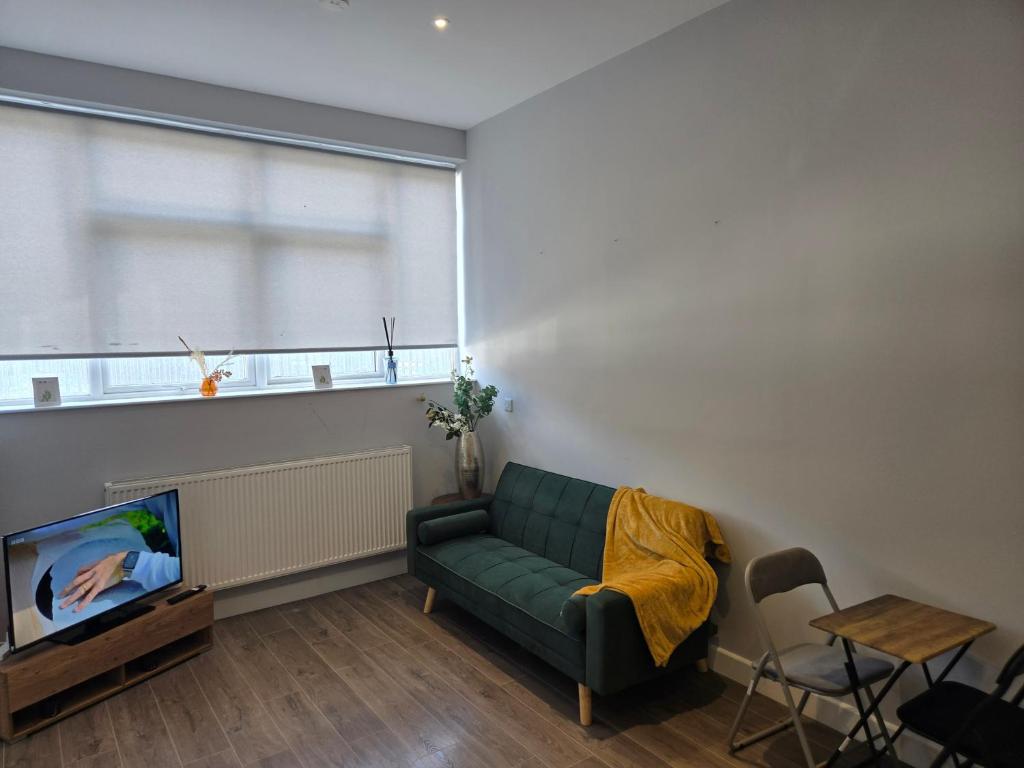 a living room with a green couch and a tv at Chris cosy retreat in Buckinghamshire