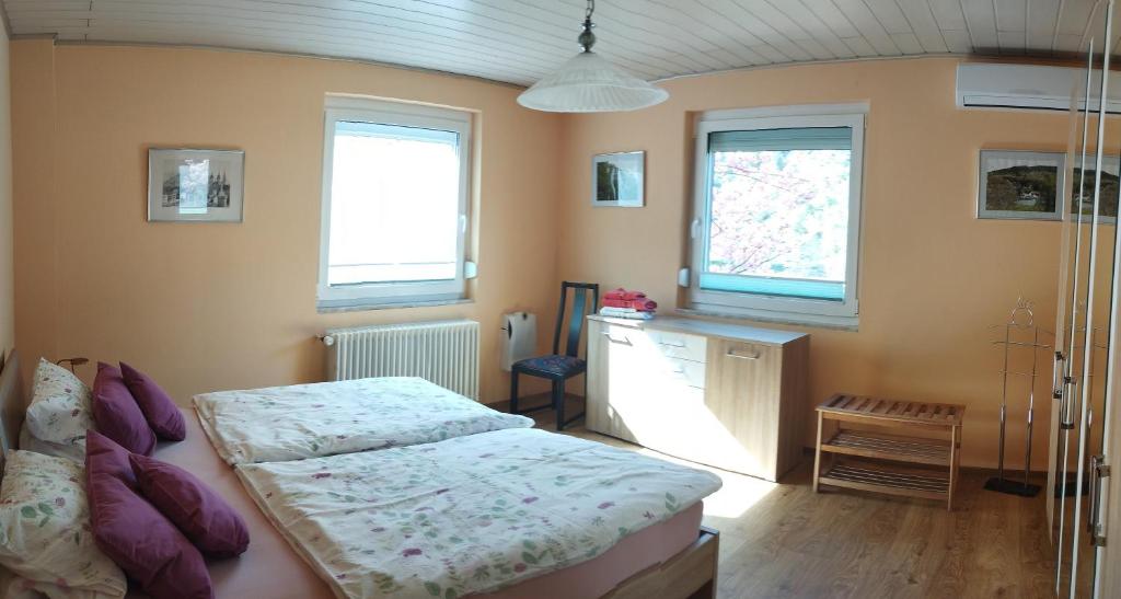 a bedroom with two beds and two windows at Nichtraucherferienwohnung-Neckarblick ZE-2022-74-WZ-118A in Heidelberg