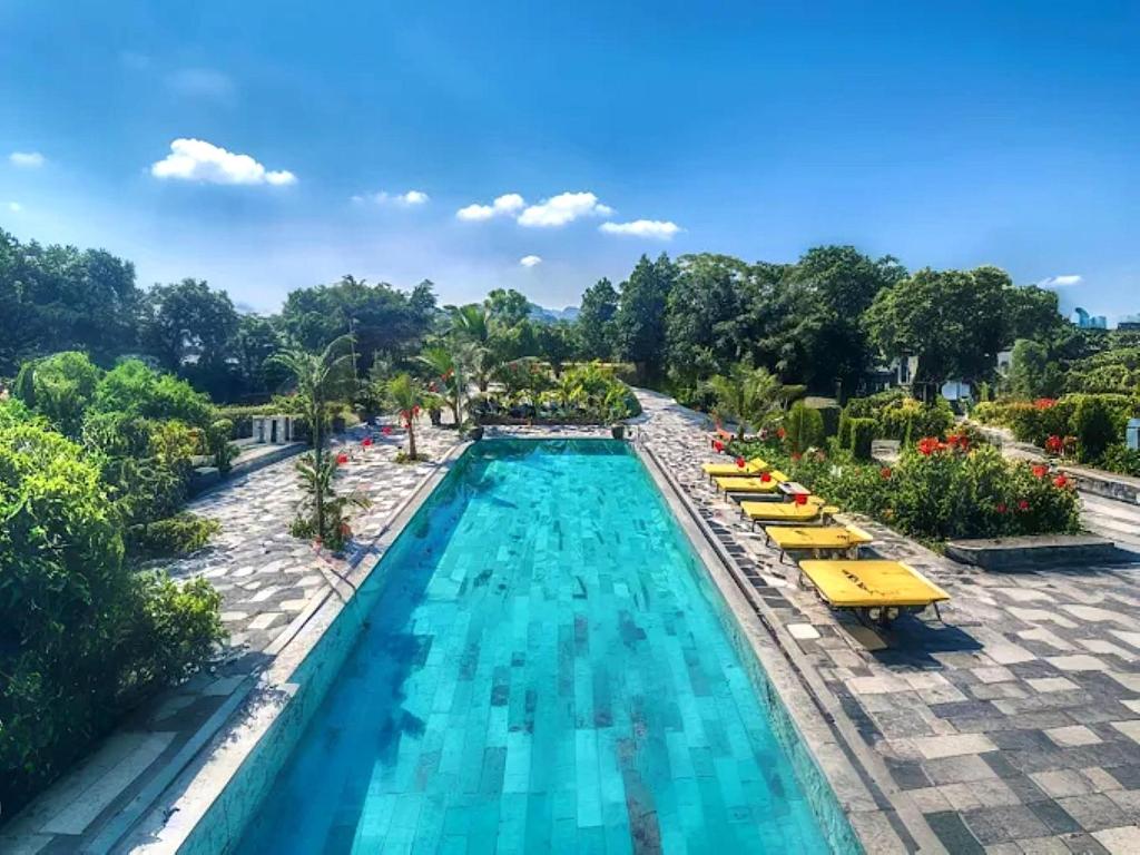 an overhead view of a pool at a resort at Ninh Binh Peaceful Retreat in Ninh Binh