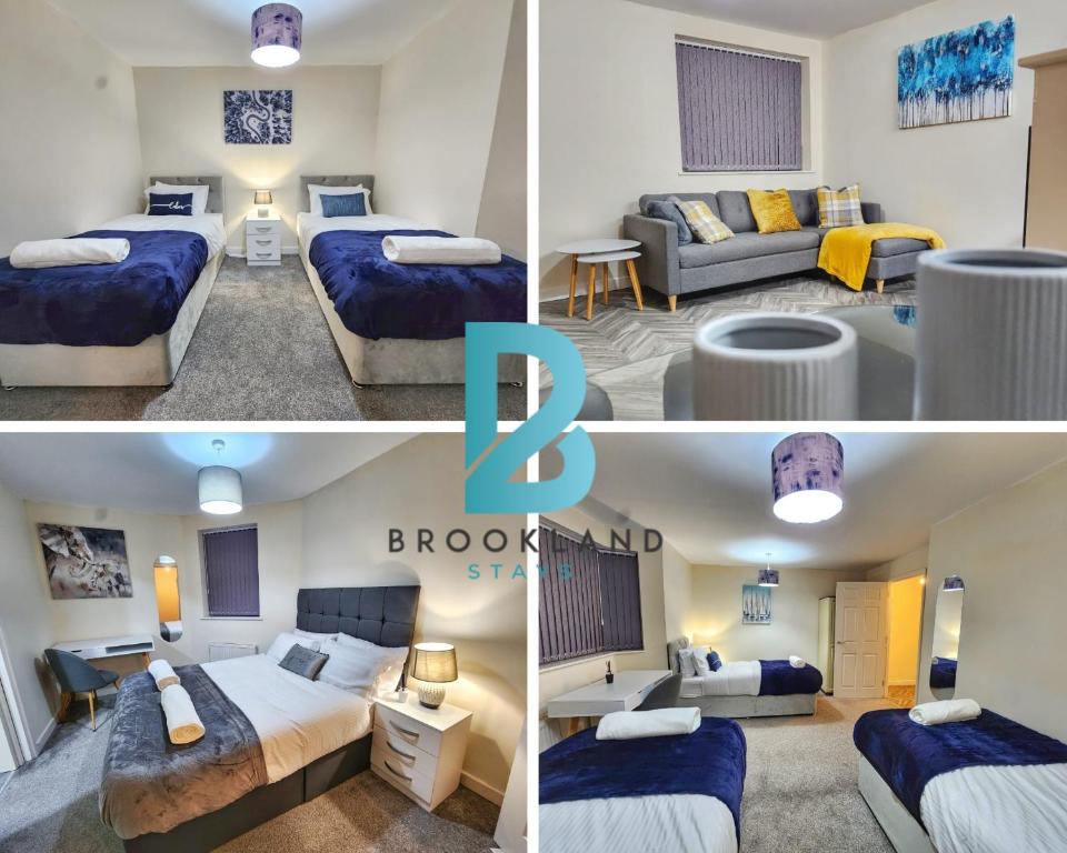 a collage of three pictures of a hotel room at Two Bedroom Apartment by Brookland Stays Serviced Accommodation Short Lets Coventry with Free WiFi in Wyken