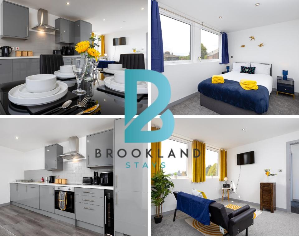 a bedroom and a living room with a bed and a kitchen at One Bedroom by Brookland Stays Serviced Accommodation Short Lets Leeds with Free WiFi in Yeadon