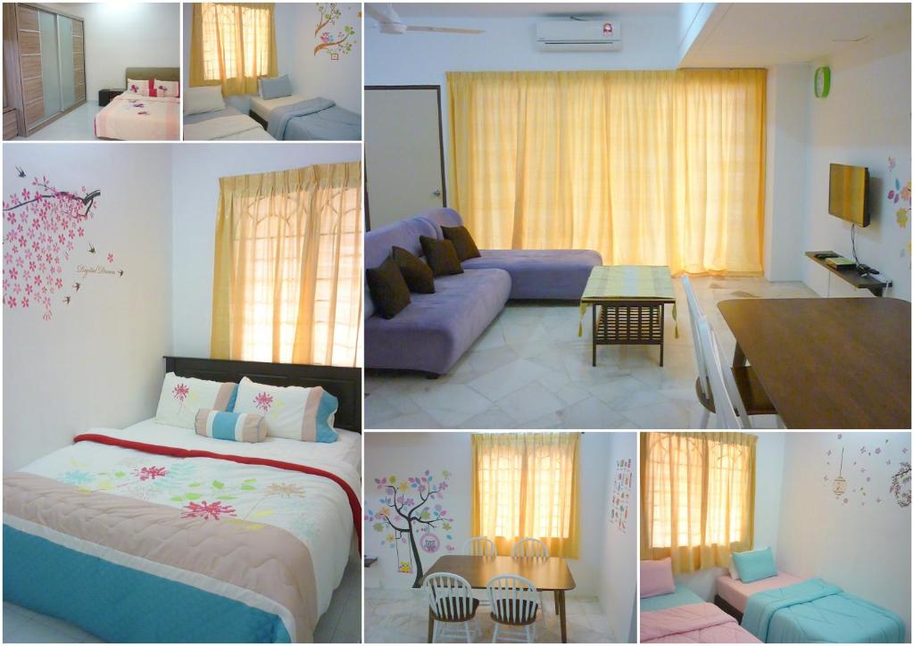 a collage of four pictures of a bedroom at Super Cozy Homestay in Melaka