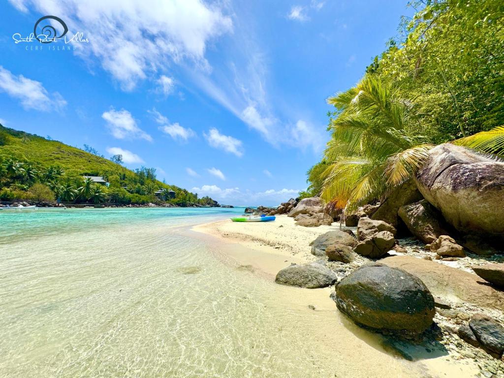 セール島にあるSouth Point Villas Cerf Islandの海岸の岩やヤシの木があるビーチ