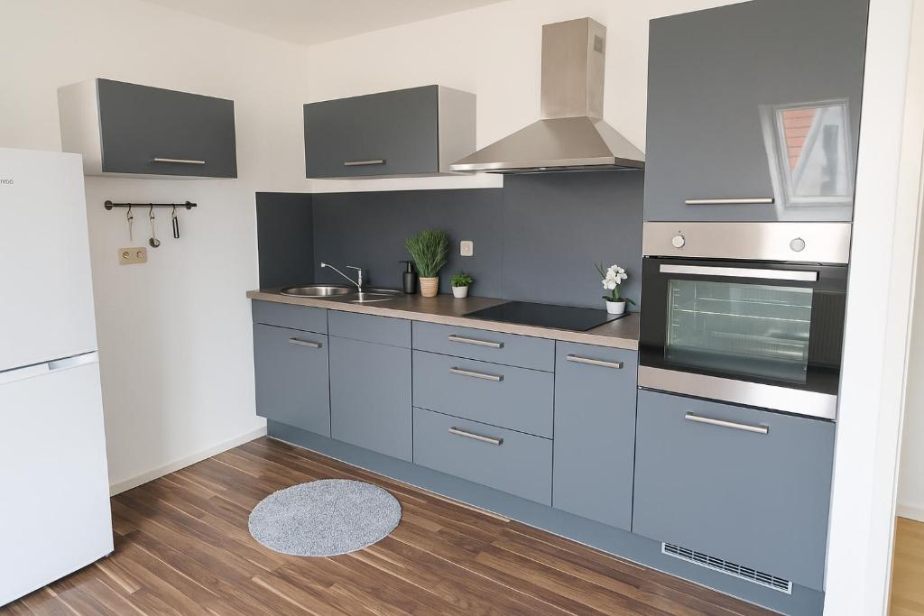 een keuken met blauwe kasten en roestvrijstalen apparatuur bij SUNNYHOME Monteurwohnungen und Apartments nahe Regensburg in Nittendorf