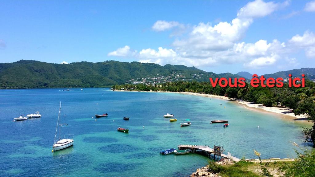 a group of boats in the water on a beach at Les Villas Créoles de Sainte-Anne in Sainte-Anne