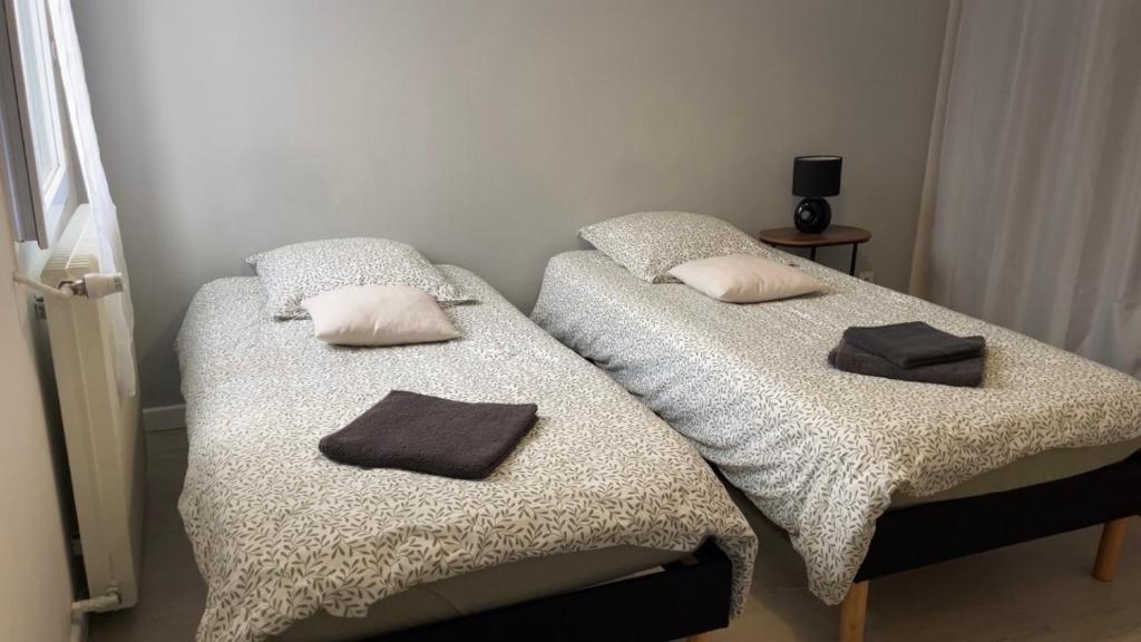 two twin beds in a room with towels on them at Gîte Le Studio 7 in Sully-sur-Loire