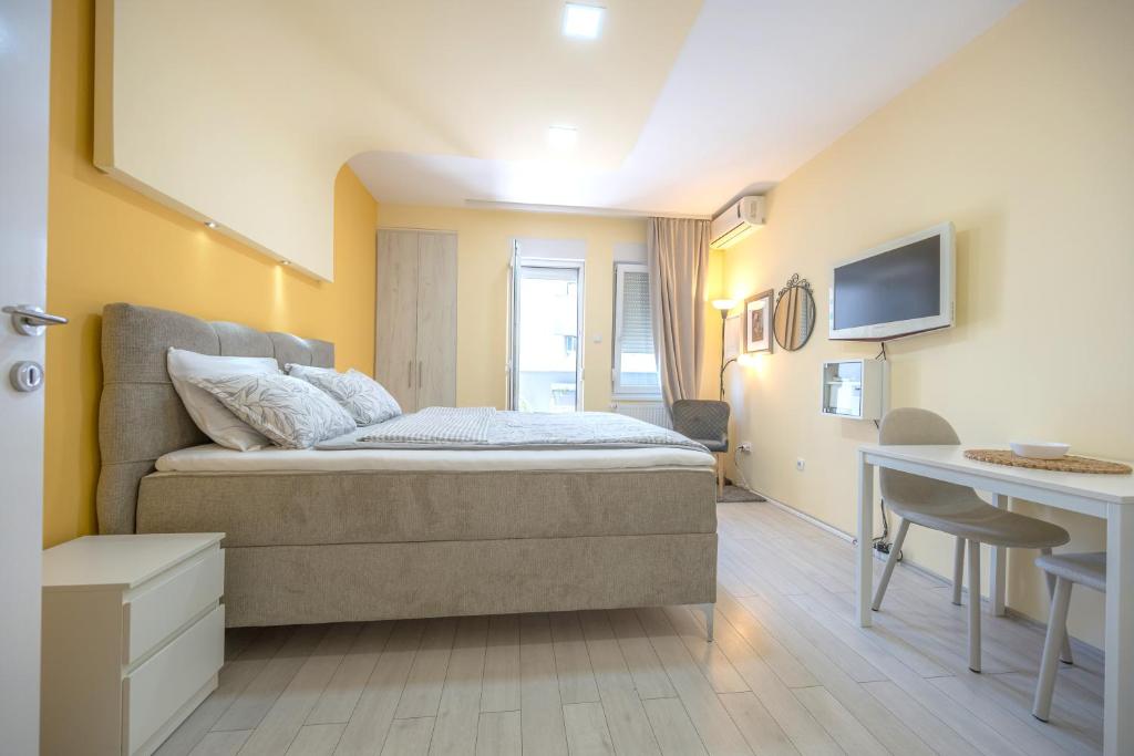 a bedroom with a bed and a desk and a television at Amber Apartman in Banja Koviljača