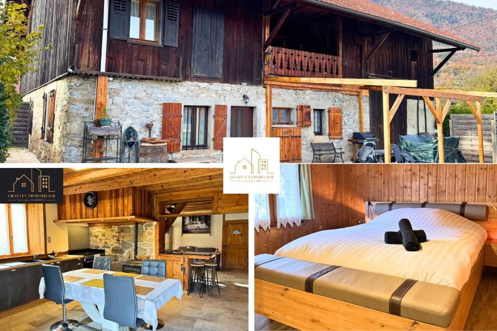 een collage van foto's van een huis en een slaapkamer bij Spacious duplex with garden - Marignier in Marignier