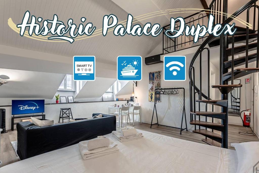 a room with a staircase and signs on the wall at Historic Palace Duplex - Cruises 2min - AC - WiFi in Savona