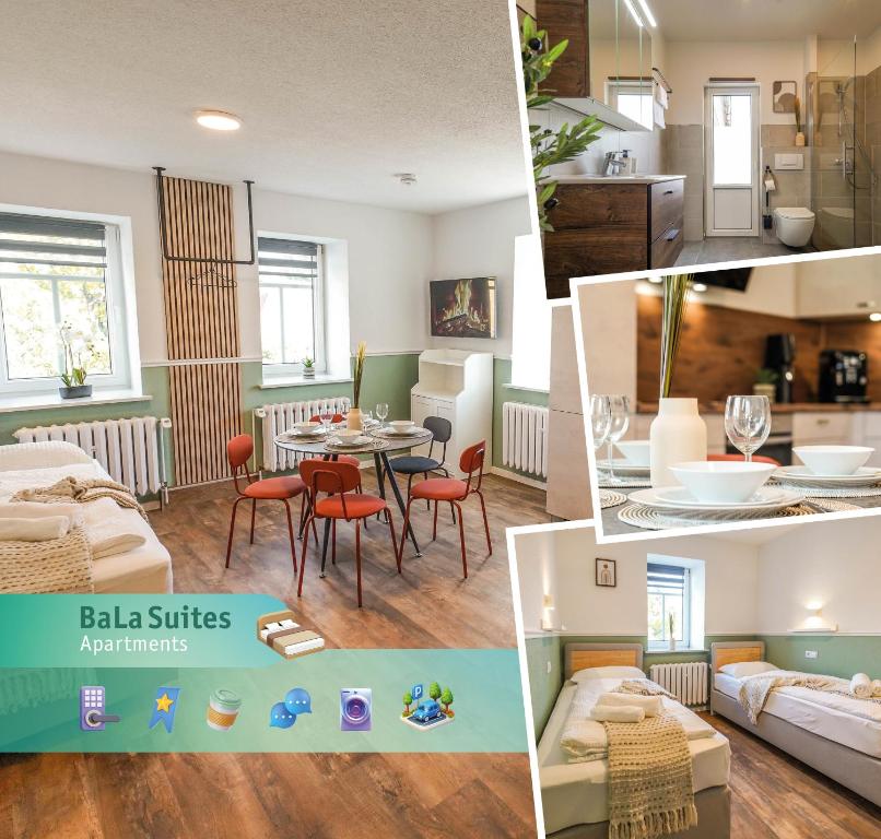 eine Collage aus Bildern einer Küche und eines Wohnzimmers in der Unterkunft BaLa Suites Apartment House in Bad Lausick