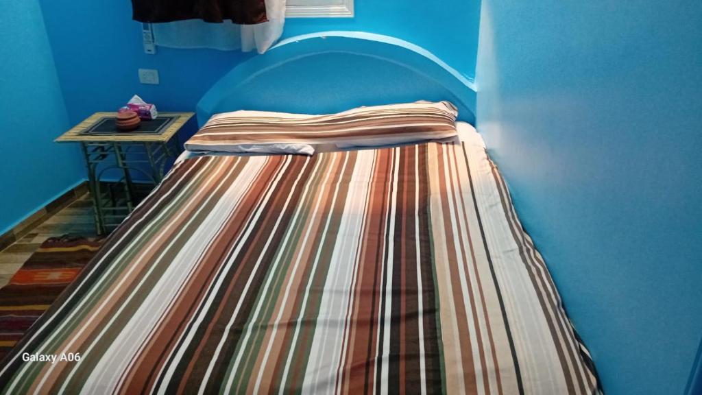 a bed in a room with a blue wall at AnDy Nubian Guest House in Aswan