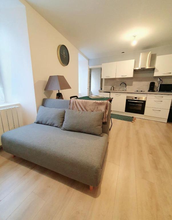 ein Sofa im Wohnzimmer mit Küche in der Unterkunft Appartement Saint Martin in Ussel