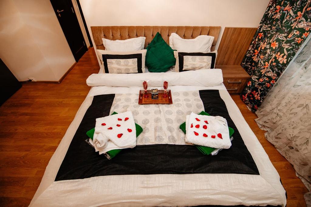 a bedroom with two beds with pillows on it at Mony Apartaments in Roman