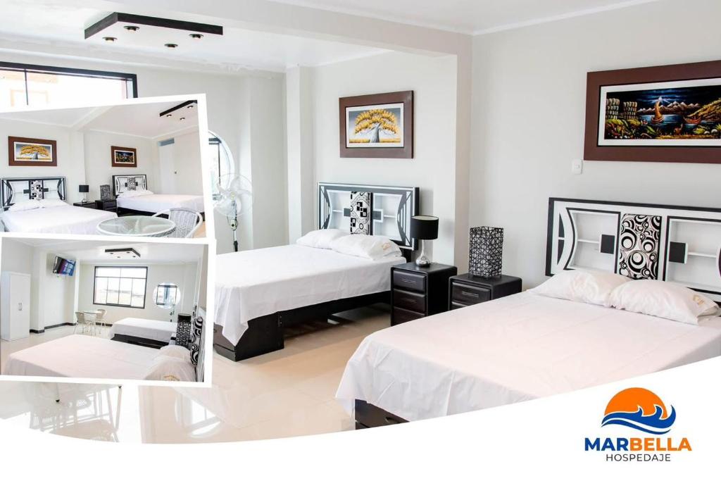 two pictures of a hotel room with two beds at Descubre un lugar pensado para ti in Sechura