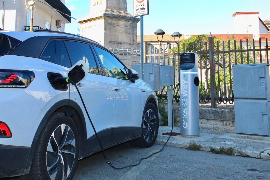 a white car is plugged into a parking meter at Terratetto - Apulia in Ceglie Messapica