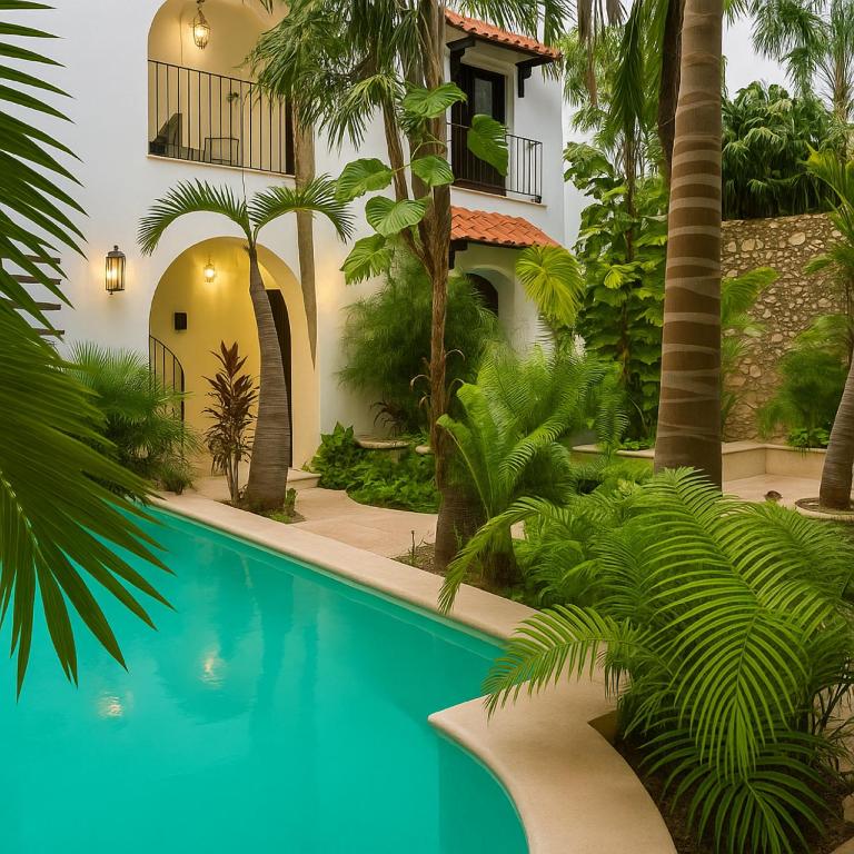 a swimming pool in front of a house with palm trees at DezMont Guest House in Mérida