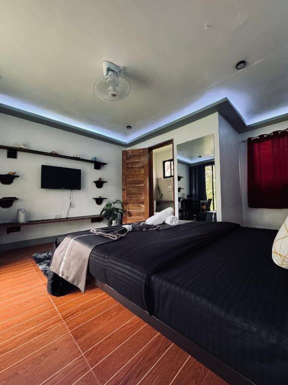 a bedroom with a large bed and a flat screen tv at JLB Resort and Tours,Mango Rooms in Valdez