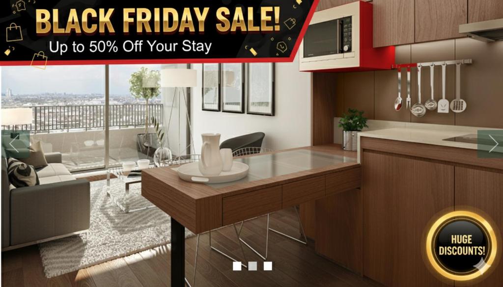 een keuken met een bord met de tekst 'Black Friday-uitverkoop' in een keuken bij Best Apartment Rental Estación Central in Santiago