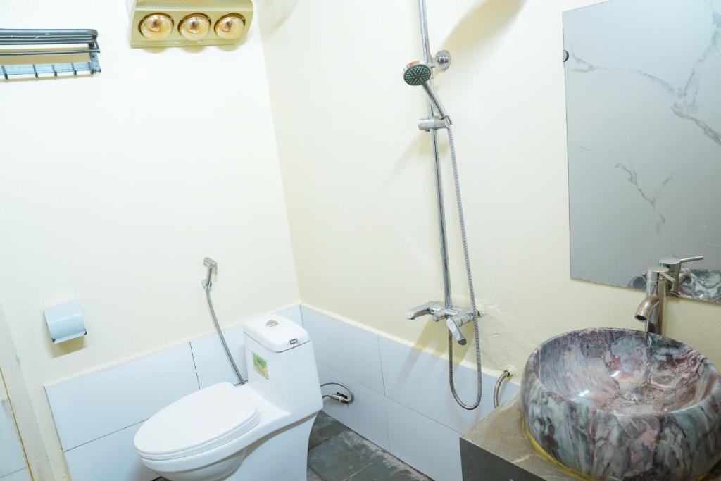 a bathroom with a toilet and a sink and a mirror at Anlani homestay in Ha Giang