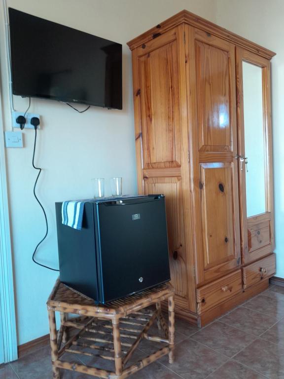 a tv sitting on a table next to a wooden cabinet at Chez Cozy's in Albion