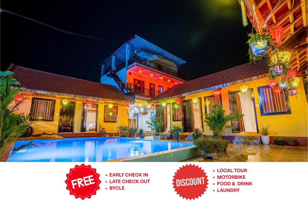 a flyer for a house with a swimming pool at night at Phong Nha Ecolodge Homestay & Tours - Mountain View in Phong Nha