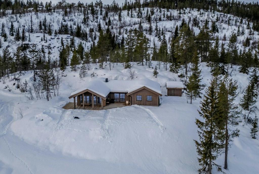 una cabina nella neve con la neve per terra di Nature-Close Cabin By The Water a Eggedal