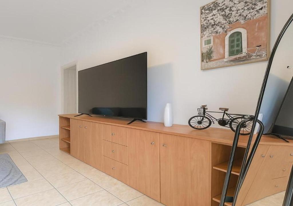 アテネにあるAddress Haidariの木製のエンターテイメントセンターにテレビと自転車が置かれたリビングルーム