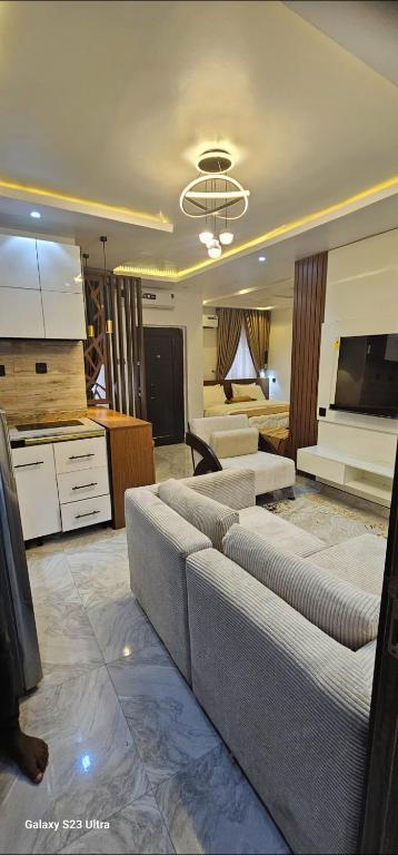 a large living room with couches and a kitchen at Ladi's Place 2, Anthony, Ikeja in Lagos