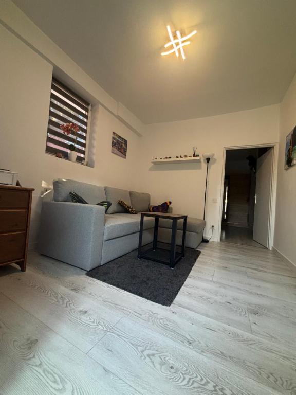 een woonkamer met een bank en een tafel bij Elephant Studio in Wrocław