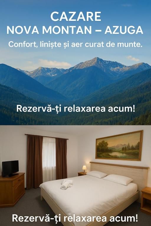 a poster for a hotel room with a bed and mountains at Nova Montan Azuga in Azuga