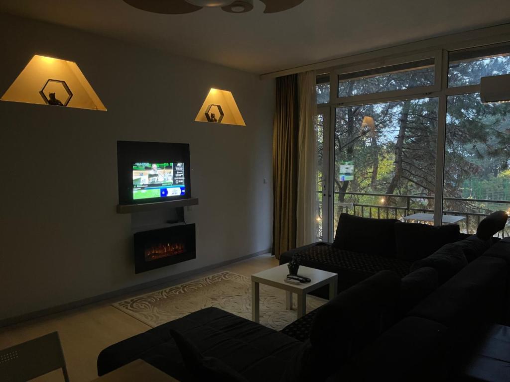 a living room with a couch and a tv at Greenside Apartment in Pristina