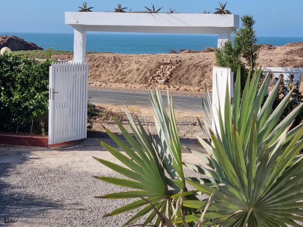 a white gate with a palm tree in front of a beach at Plage El Haouzia in El Jadida